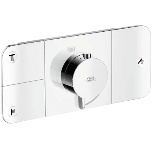 Thermostatmodul von AXOR in Chrom für Unterputzinstallation, mit einem zentralen Bedienregler und Symbolen für Duschen und Wasserhähne.